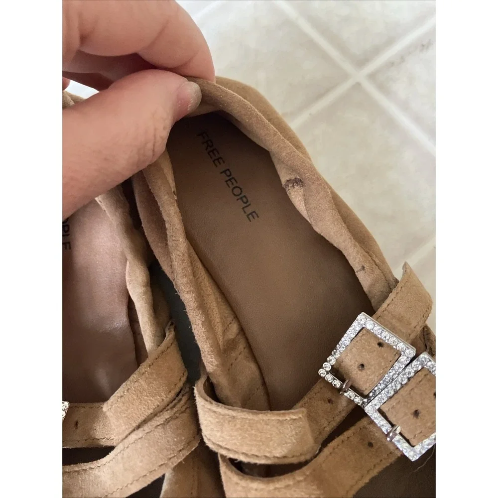 Free People Gemini Mary Jane Ballet Flats Size 7 Crystal Buckles‎ Brown Suede